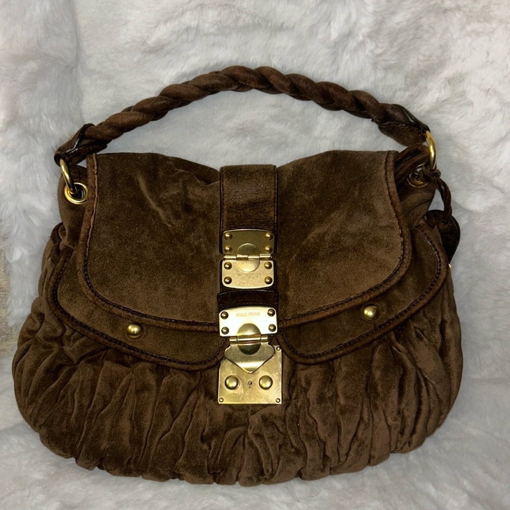 Miu Miu Brown Suede Bag with Gold Accents